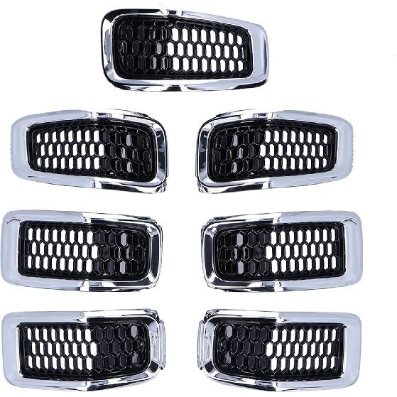 Front Grille Insert, 7pcs ABS Front Grille Inserts Grill Guard Trim Accessory Fit for Cherokee 2014-2018(Chrome Frame)