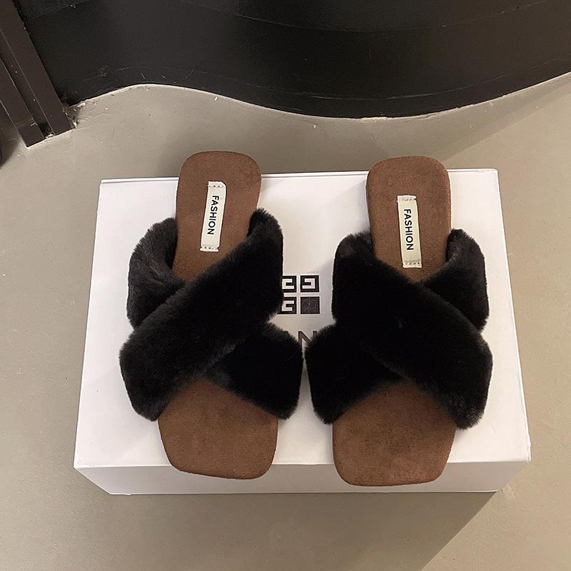 New Retro Cross-haired Outer Slippers Spring and Autumn Casual Versatile Gentle Leopard Print Flat-bottomed Hairy Slippers