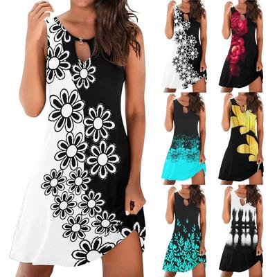 Fashion Women Summer  Print Hollow Out Sleeveless Loose Mid Dresses