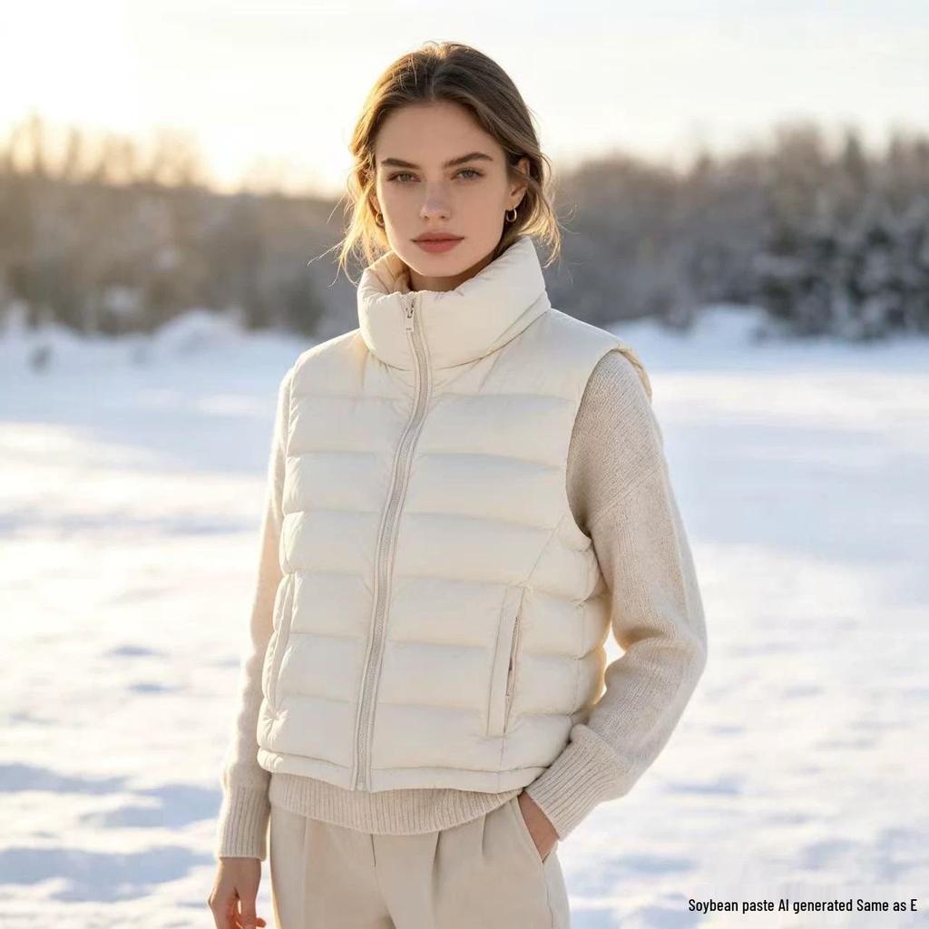 Lightweight Down Cotton Sleeveless Vest - Short Style, Stand Collar, Autumn/Winter Korean Design