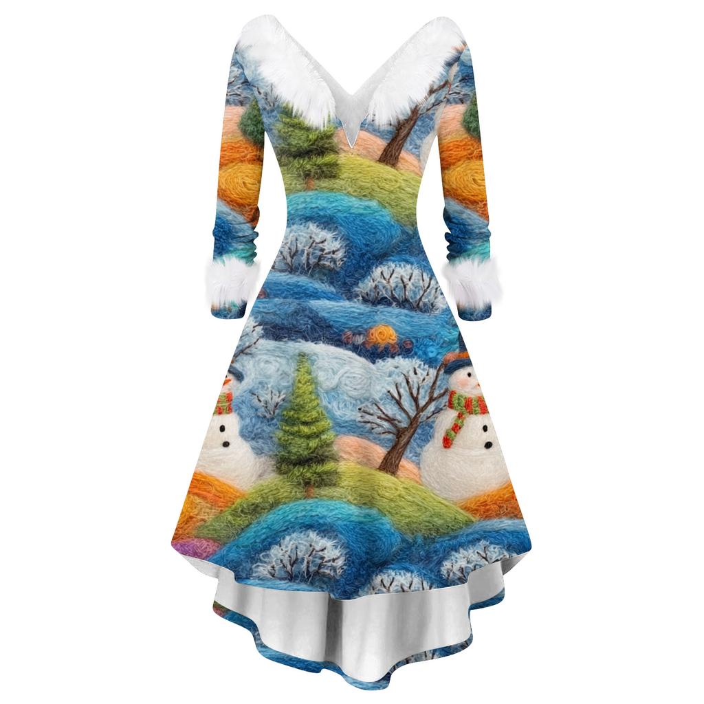 Dame Mote Casual V-hals Juleprint Langermet Kjole