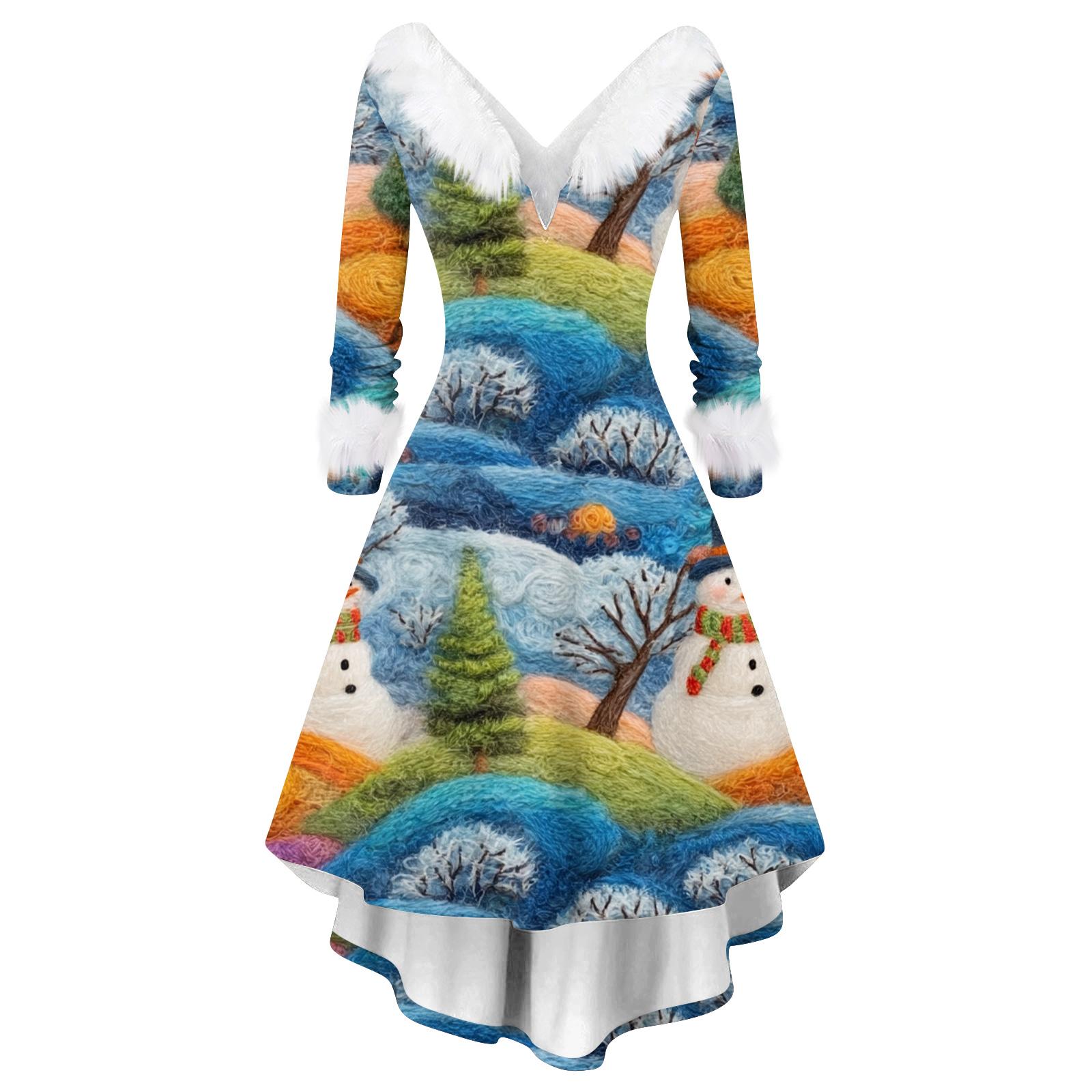 

Женское модное повседневное платье с V-образным вырезом и рождественским принтом с длинным рукавом L