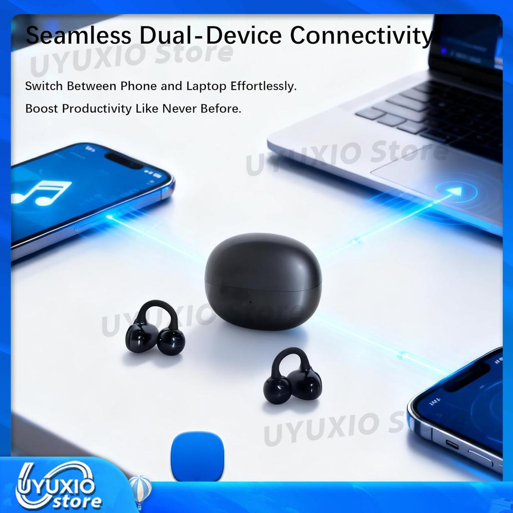 UYUXIO Wireless Headphone with BT 5.4 Clip on Open Ear Earbuds 72H Play Time Long-Battery Life Over Ear Buds for Sport