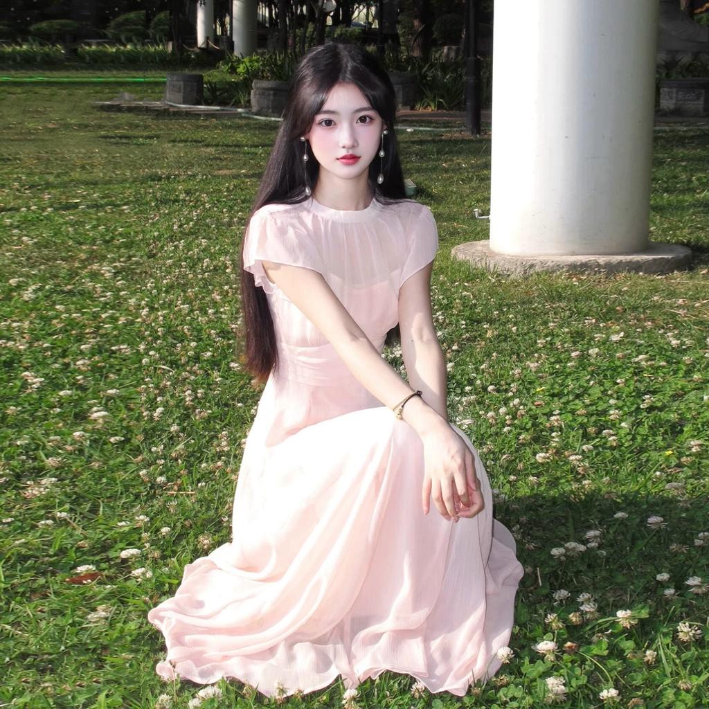 French Gentle Wind Pink Short Sleeve Dress 2026 Giant Good-looking Holiday Style Temperament Waist Long Skirt