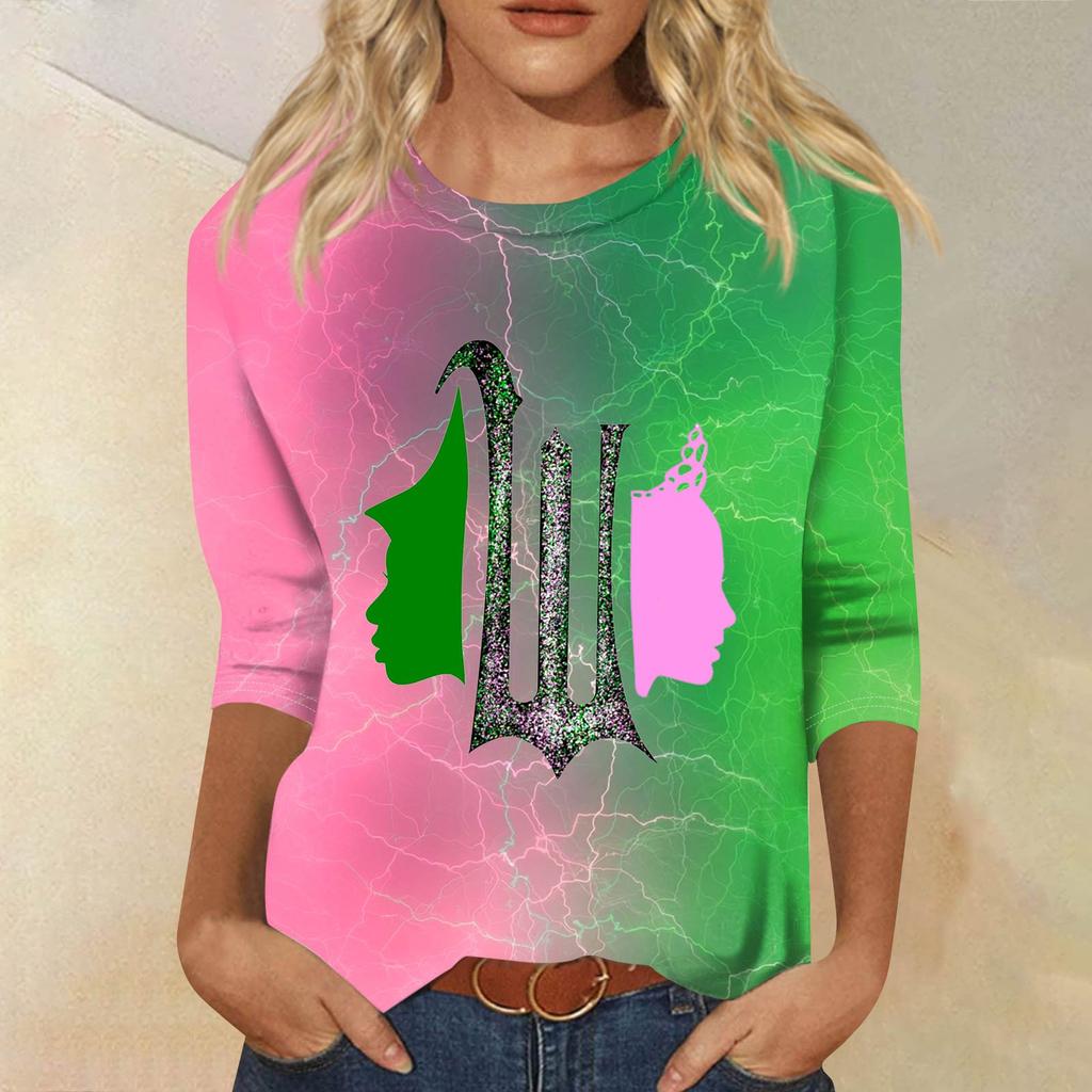 Women's Fashionable Casual Three-Quarter Sleeve Printed Round Neck Top