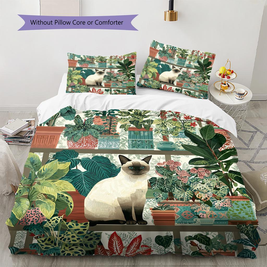 Plant Cat  Pattern Bedding Quilt Set  Home Decoration  Gift (1 * duvet cover + 2 * pillowcase, without core)