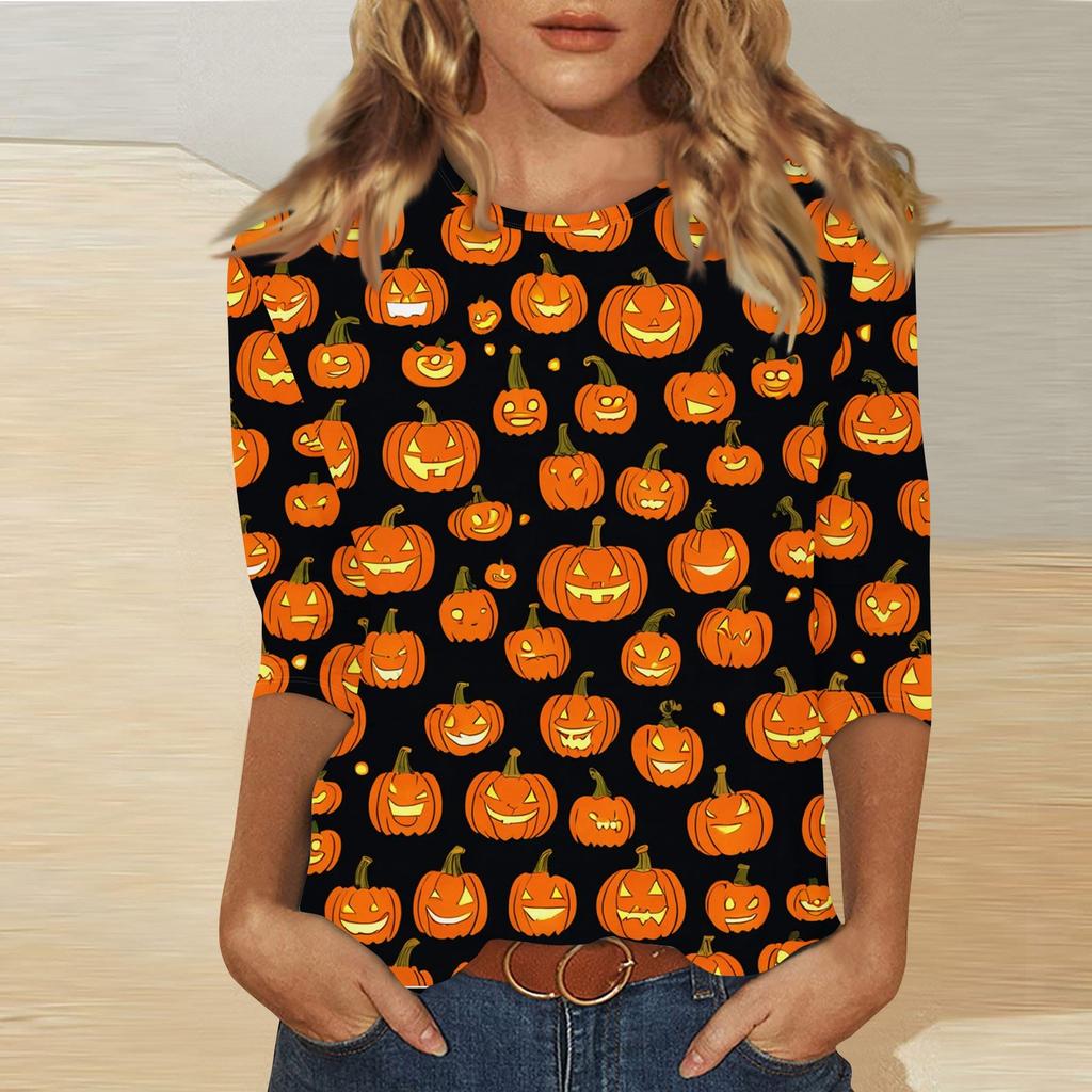 Women's Fashion Casual Three-quarter Sleeve Halloween Printed Round Neck Top