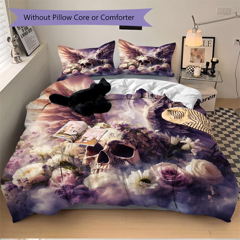 3pcs Angel Skull Printed Bedding Set, Soft and Comfortable Quilt Cover for Bedroom, Guest Room (1 Duvet Cover + 2 Pillowcases, Pillow Core N