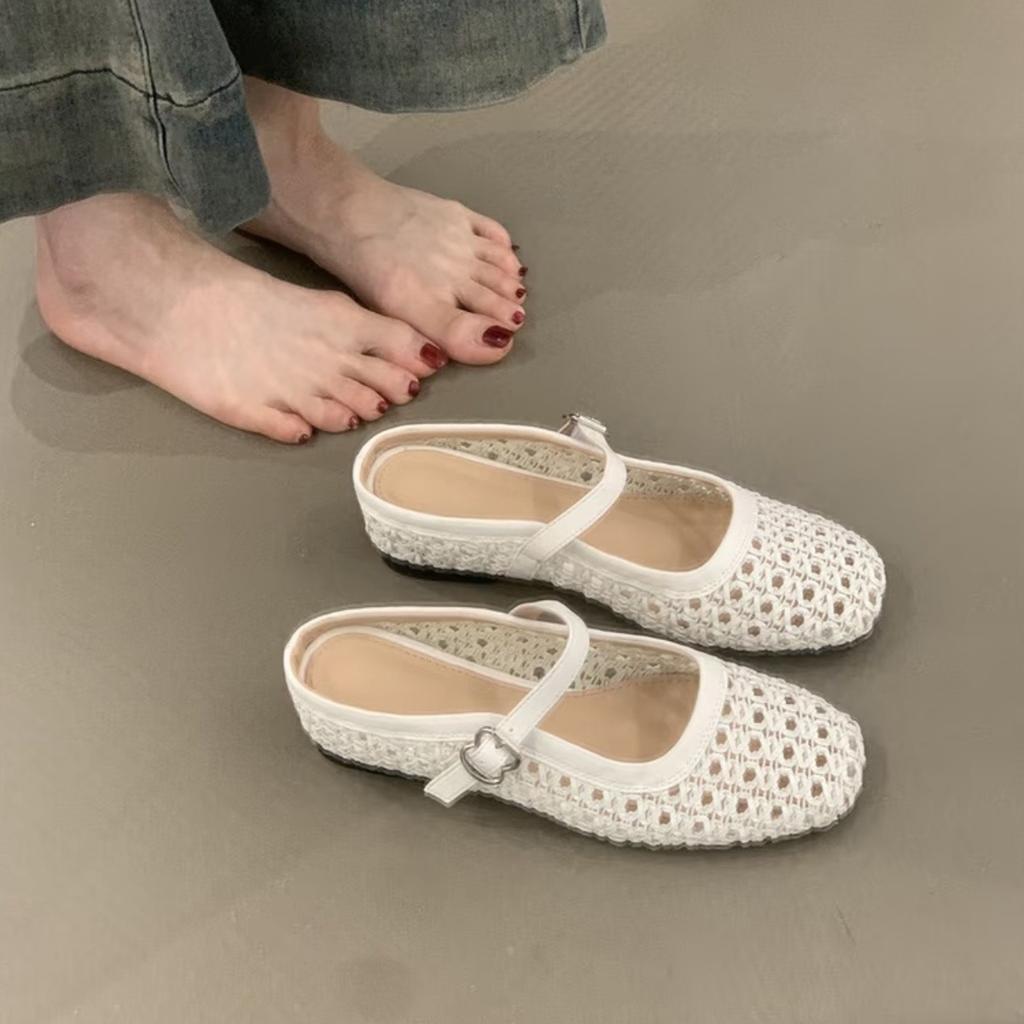 Vintage woven hollow word with thick heel bag head half slippers women's sandals Muller Mary Jane