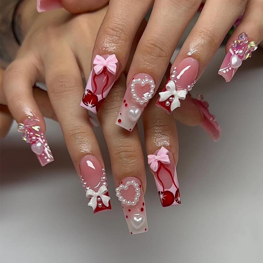 24PCS Glitter Pink French Simple Press on False Nails Golden Bow Patterns Sweet Cool Long Square Fake Nails Spice Girls Wearable