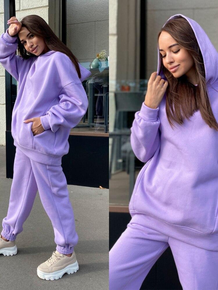 Winter Women's Sets Hooded Long Sleeve Hoodie Sport Pants Lady Suit Two Piece SetCasual Fleece Tracksuit Women Streetwear