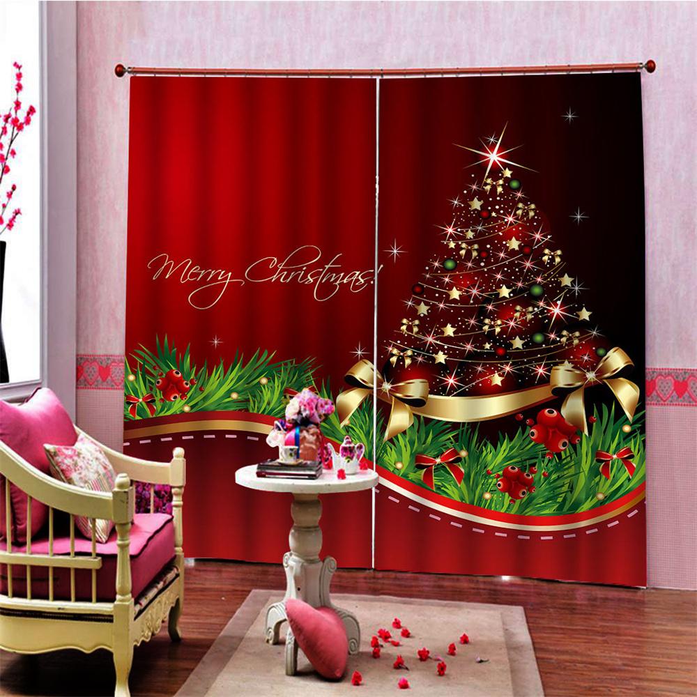 Happy New Year Christmas Tree Red Shiny Light Window Curtains For Kids Bedroom Living Room Bathroom Kicthen Door Hall Home Decor