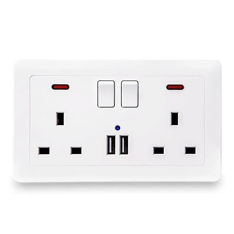 UK Electrical Socket 13A Dual USB Type-C 5V 2.1A Outlet with Switch Control Fast Charge Wall Power Socket 86x146mm