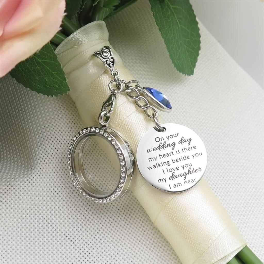 IDLAN Wedding Bouquet Locket Charm Rhinestone Photo Charm Memorial Bridal Bouquet Charm Memorial Photo Keepsake Something blue