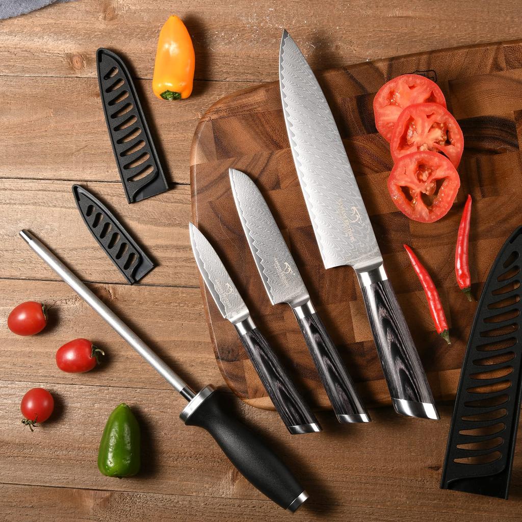 Set de cuțite Nanfang Brothers VG10 cu miez de oțel, set de cuțite mici din oțel Damasc, Santoku, cu ascuțire, tăieturi bune, tăieturi precise, pentru gătit acasă