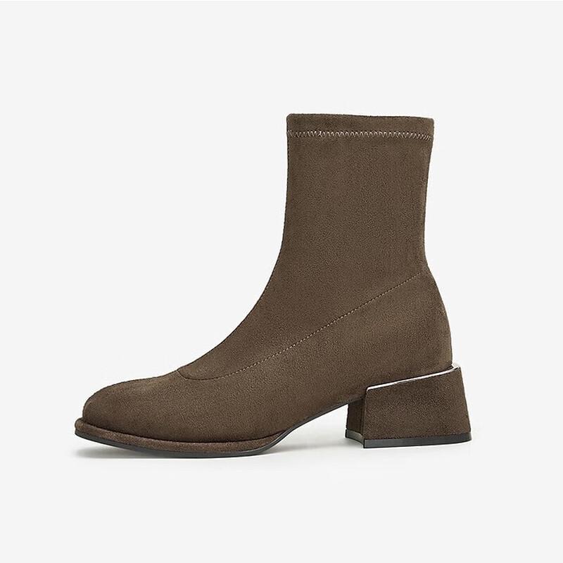 BASTO Women s Winter French Suede Stretch Chunky Heel Ankle Boots 40
