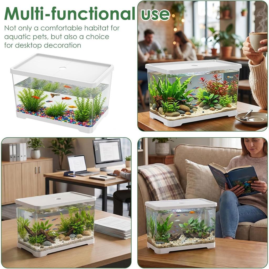 Acquario di Plastica da 2 Galloni con Foro di Scarico - 30x19x17cm Acquario Rettangolare Piccolo Antirottura per Pesci Betta & Guppy - Terrario Trasparente da Scrivania