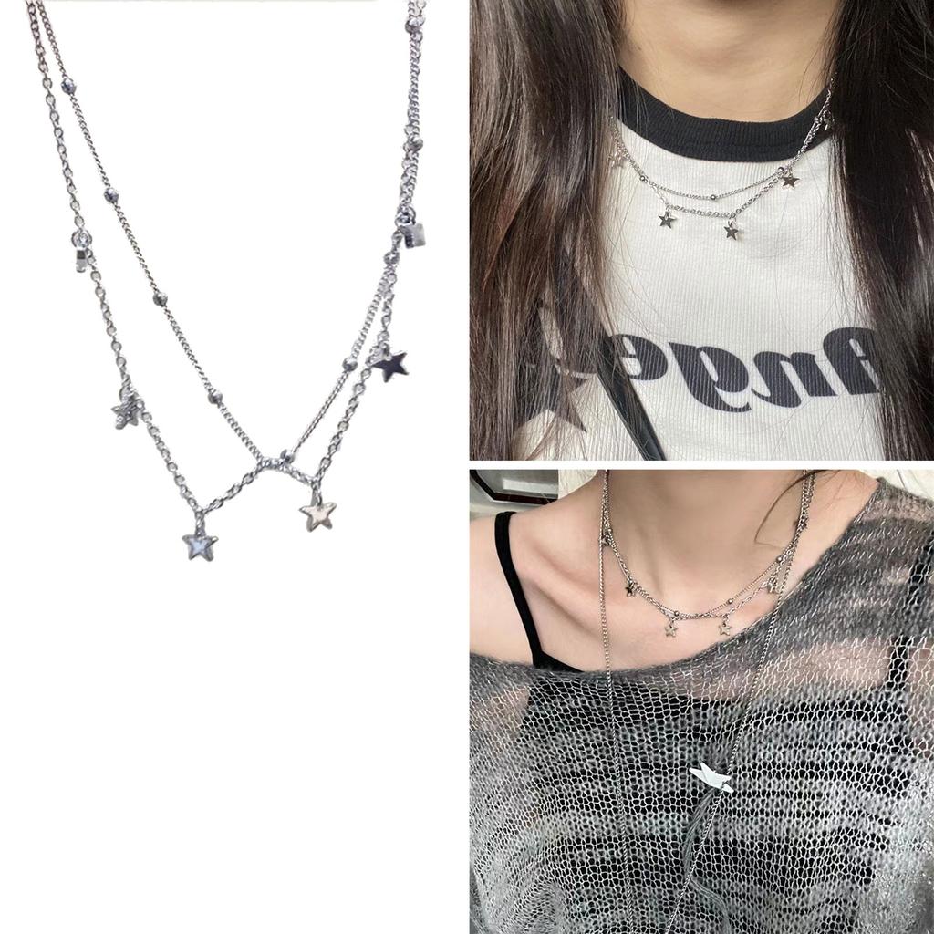 Double Layer Star Beaded Chain Necklace Elegant Alloy Material Neckwear Star Pendant Choker Suitable for Party Daily