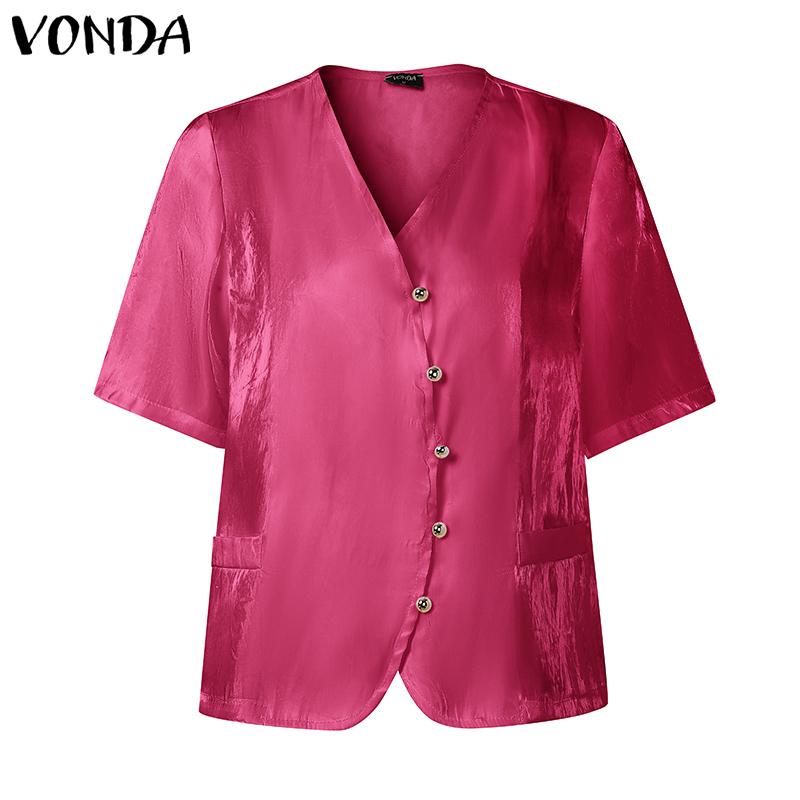 

VONDA Women Short Sleeve V-neck Button Down Flimsy Elegant Casual Cropped Blouse 5XL темно-розовый