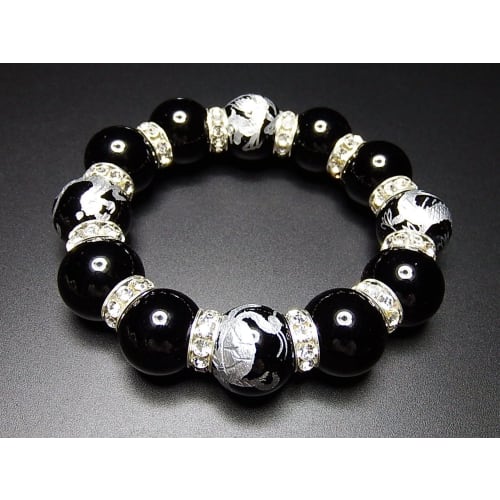 Hard-to-find, Extra-thick 18mm Natural Onyx Stone, Hand-carved with the Four Gods, Premium Rondelle Rosary Bracelet, Power Stone.