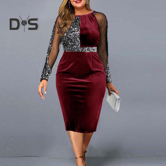 Formelles Damen-Partykleid, Bankettkleid, farblich abgestimmt, glänzende Pailletten, lange Ärmel, Rundhalsausschnitt, Netzstoff, Patchwork, hohe Taille, schmale Passform, Frühlings-Herbst-Abend