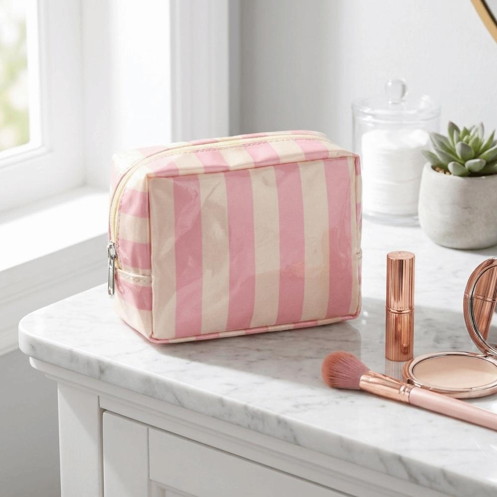 Portable PVC Striped Makeup Bag Mini Cosmetic Pouch Cute Toiletry Bag Daily Use