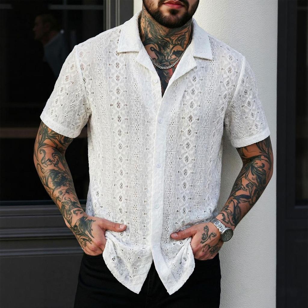 Men Knit Crochet Short Sleeve Button Down Casual Shirt with Lapel Collar Lightweight Breathable Summer Top