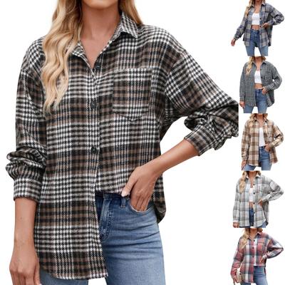 Women's Fashionable Wide Plaid Long Sleeved Loose Button Pocket Shirt Jacket