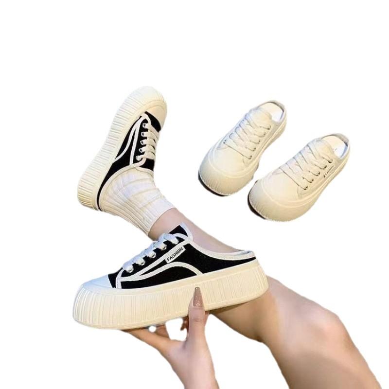 Summer thick-soled heightening lazy canvas slippers small skirt half slippers flat shoes