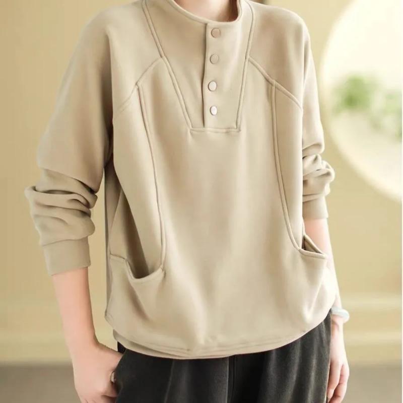 New Half-high Neck Button Warm Sweatshirt for Women with Loose Flesh Covering Versatile Design Pocket Splicing Top Trendy