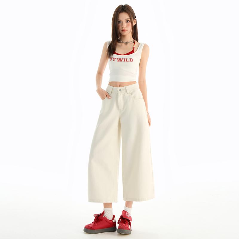 High Waist Calf-Length Denim Pants Women'S Retro Washed Harajuku Wide Leg Jeans Casual Loose Y2K Streetwear Mid Long Denim Jeans