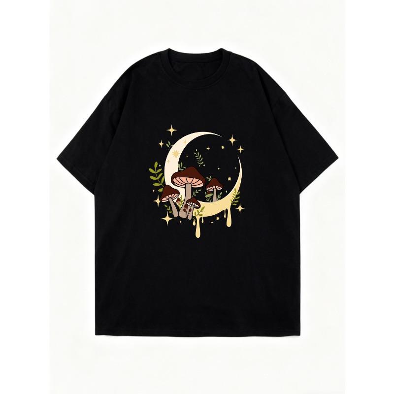 Oversized T Shirt Black Moon Mushroom And Stars Print For Casual Wear