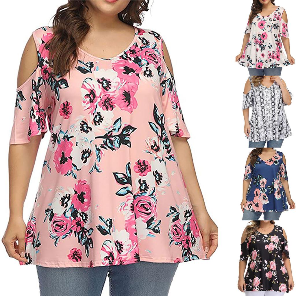 Women Fashion Floral Printing Short Sleeve T-Shirt Plus Size Round Neck Tops