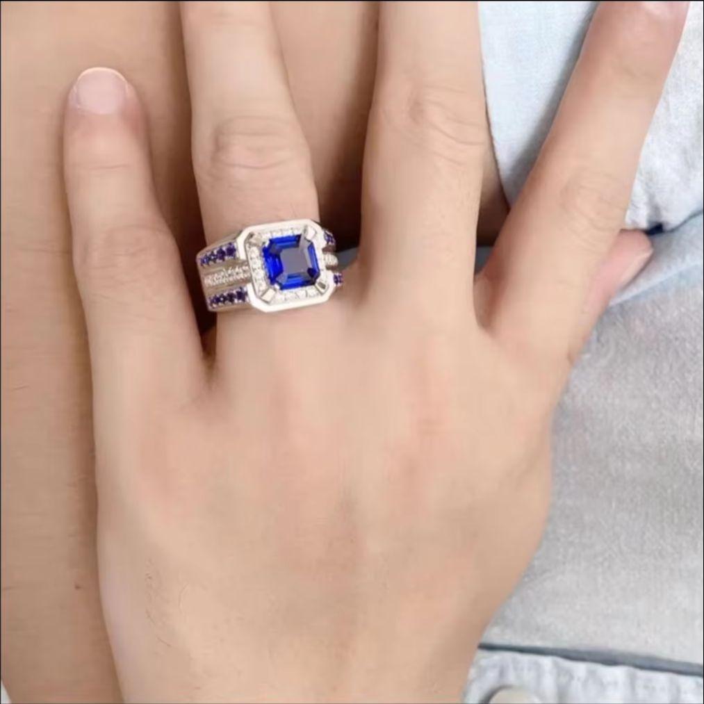 New Men's CopperPlated Alloy Mosaic Blue Square Zircon Ring Jewelry for Birthday Party Accessory  Size 7-13