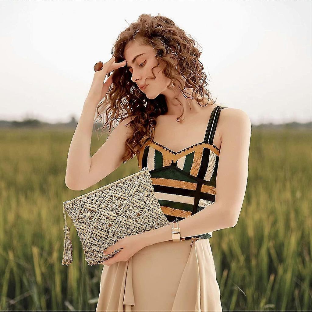 Straw Clutch Purse, Women Wristlet Clutch Handbag Envelope Bag Large Wallet Summer Beach Bag