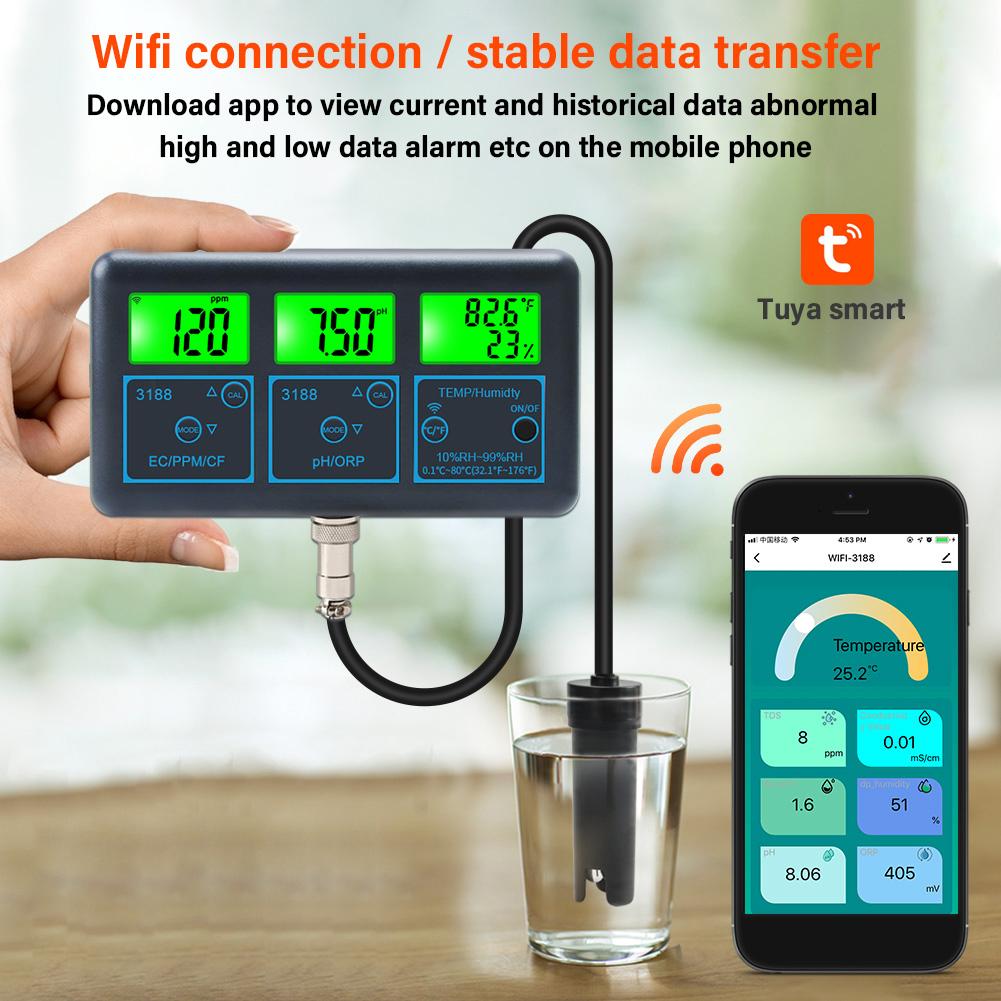 WiFi 7 in 1 Water Quality Monitor PH ORP EC PPM CFR Humidity Temperature Water Quality Test Gauge Water Tester for Swimming Pool