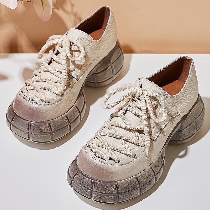 Fashion GKTINOO Genuine Leather 2025 Spring New Round Toe Thick Sole Lace Up Loafers Casual Versatile Women's Flat Platform Shoes