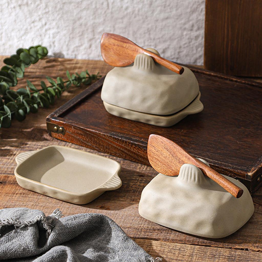 Rustic Stoneware Butter Dish With Lid, Handmade Rectangular Ceramic Butter Tray for European Butter Block and Breakfast Table