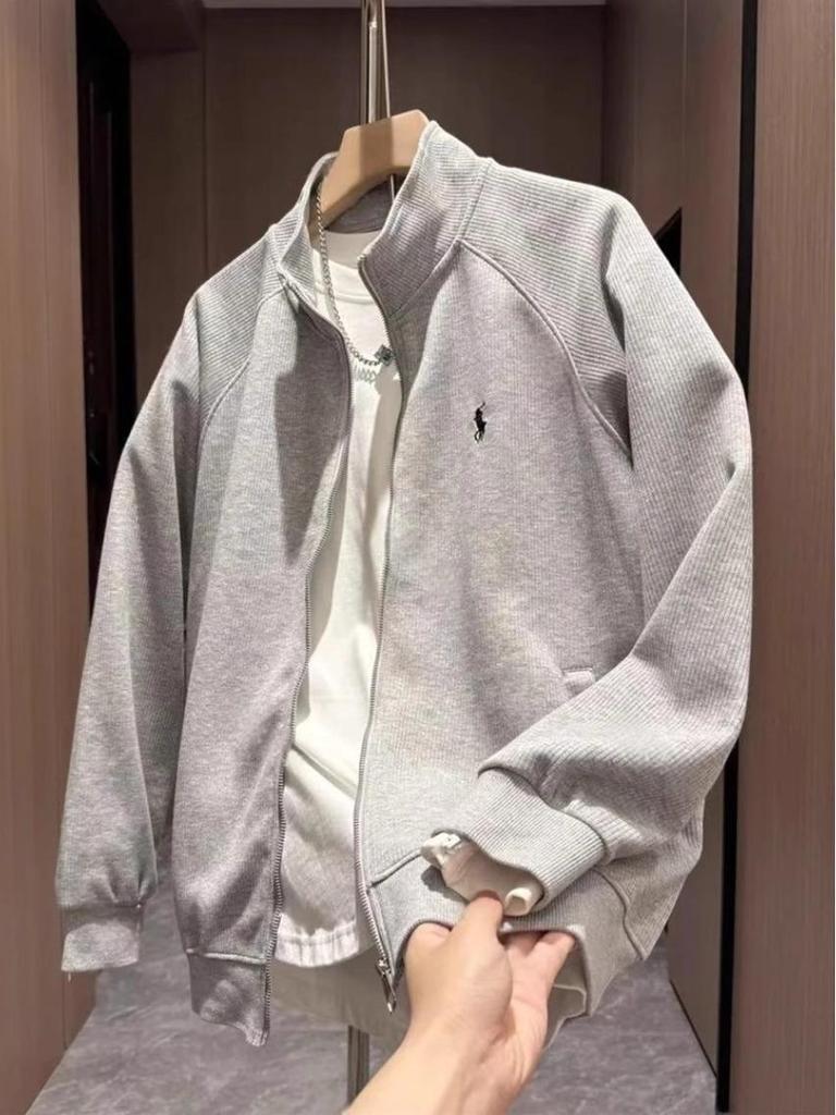 Men's Autumn Embroidered Textured Zipper Stand Collar Casual Cardigan Sweater