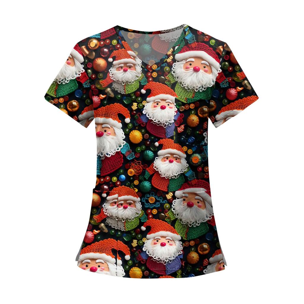Women's Fashion Printed Short Sleeve V Neck Pattern Tops Pocket Working T-shirts