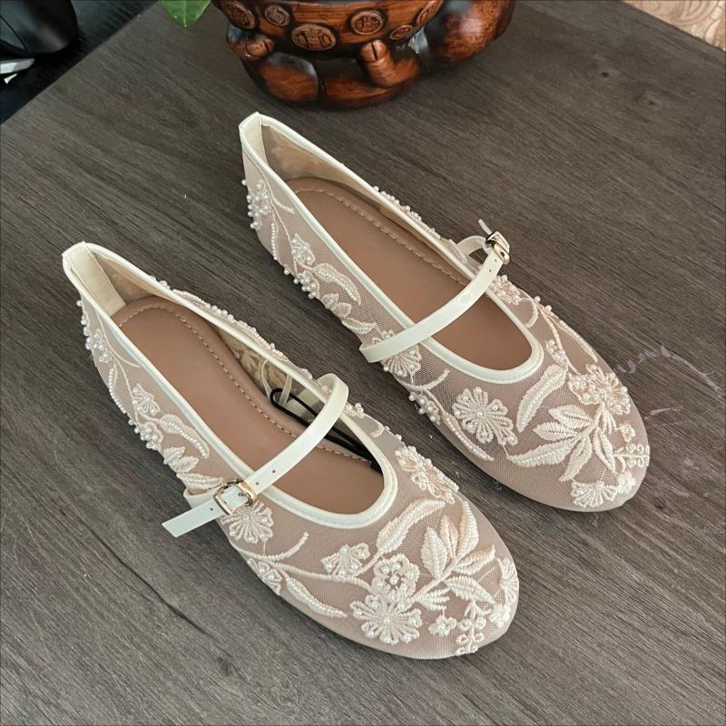 Women's Ballet Flats Ballerina Shoes Summer Mary Jane Comfortable Embroidered Mesh Buckle Strap Elegant