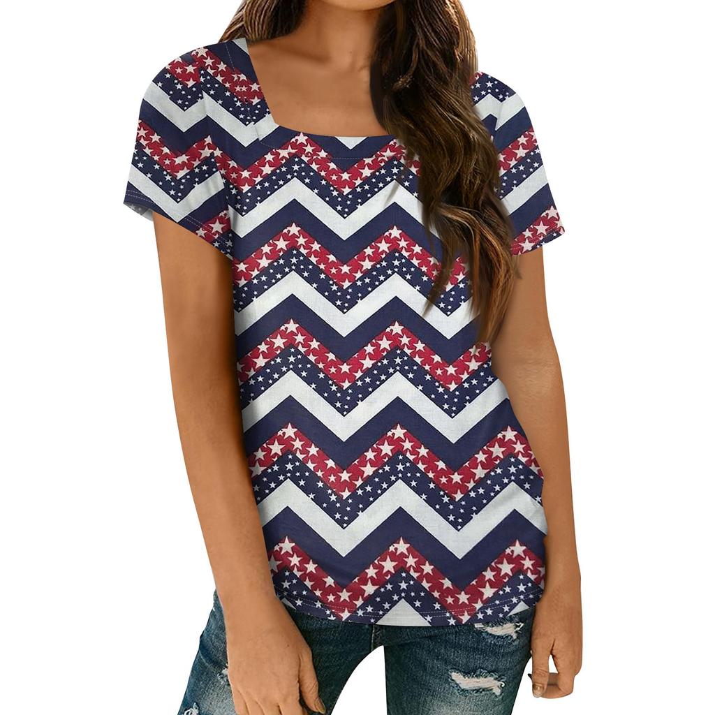 Women's Tops Spring Summer Casual T Shirt Short Sleeve Square Neck Basic Printed T Shirt