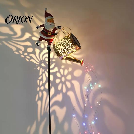 Solar Powered Christmas Decorations Santa Kettle Light, Solar-Powered Claus Watering Can Stake Lamp Garden Accessories with LED String, Outdoor