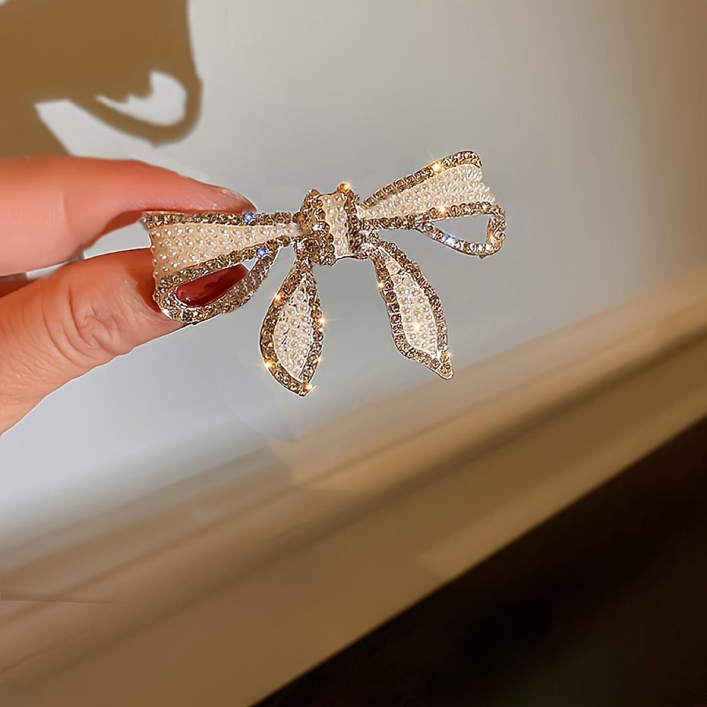 Elegant Iron White Rhinestone Bow Hair Clip Pearl Accented Spring Clip Butterfly Knot Hair Accessory For Women