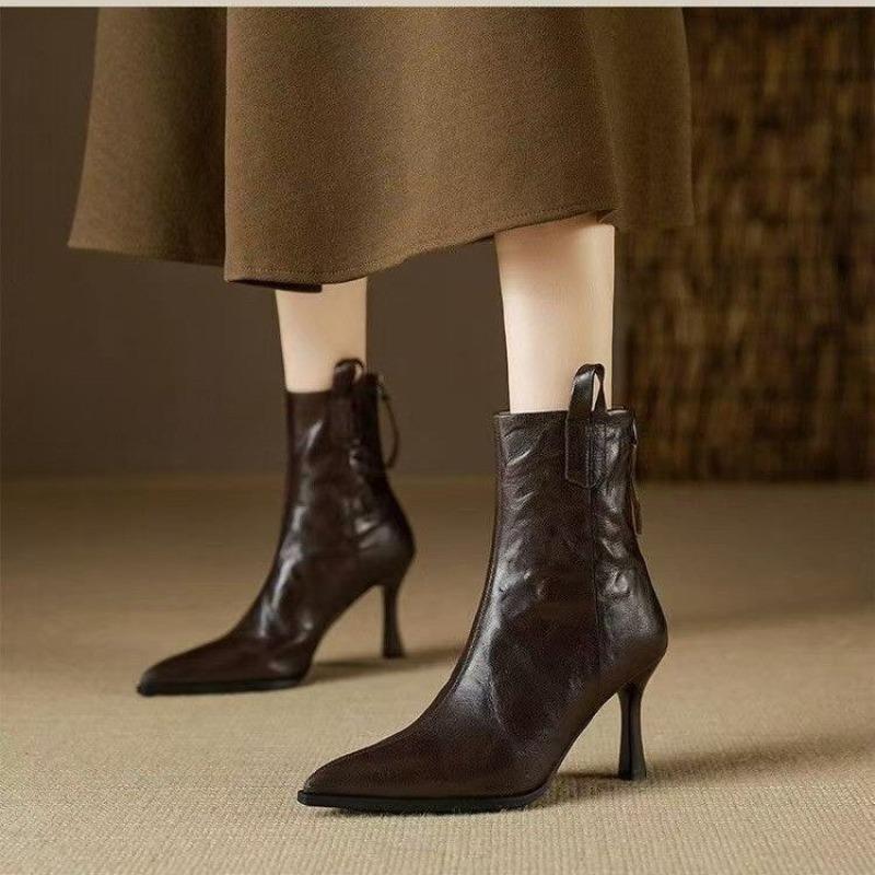 New Style Fashion Women's High Heel Short Leather Boots Female Pointed Thin Heel Boots Ladies Ankle Short Boots  Mujer
