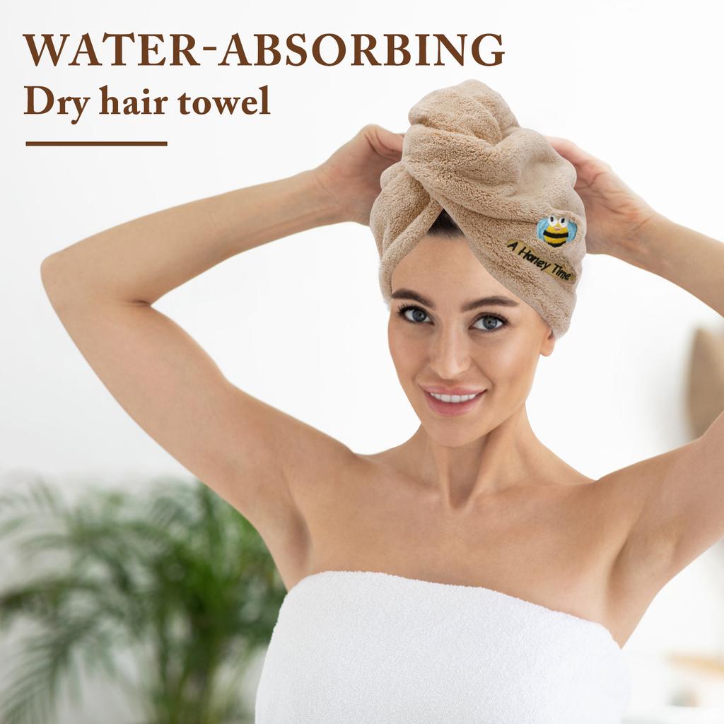 Hair Towel Coral Fleece Dry Hair Cap with Buttons and Hanging Rope Soft Absorbent Hair Turban Towel Wrap for Wet Hair Plopping