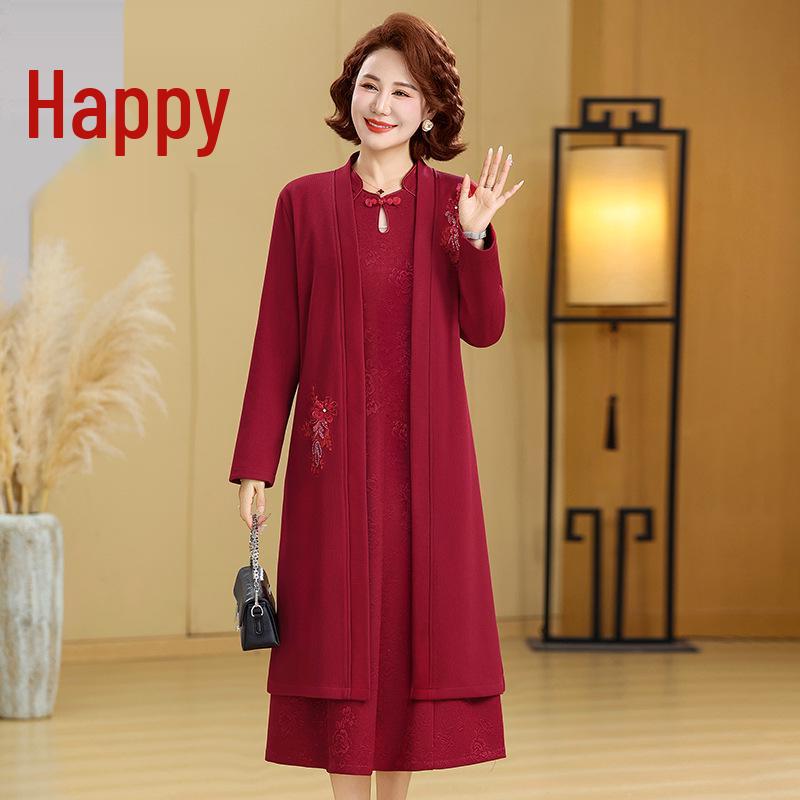 Winter Mother-in-law Wedding Outfit 2025: Velvet-Enhanced Dress Suit for Middle-Aged & Elderly Mothers.