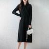 Women's V-Neck Knee-Length Pure Wool Dress - Loose Waist, Solid Color, Long Sleeve for Autumn/Winter