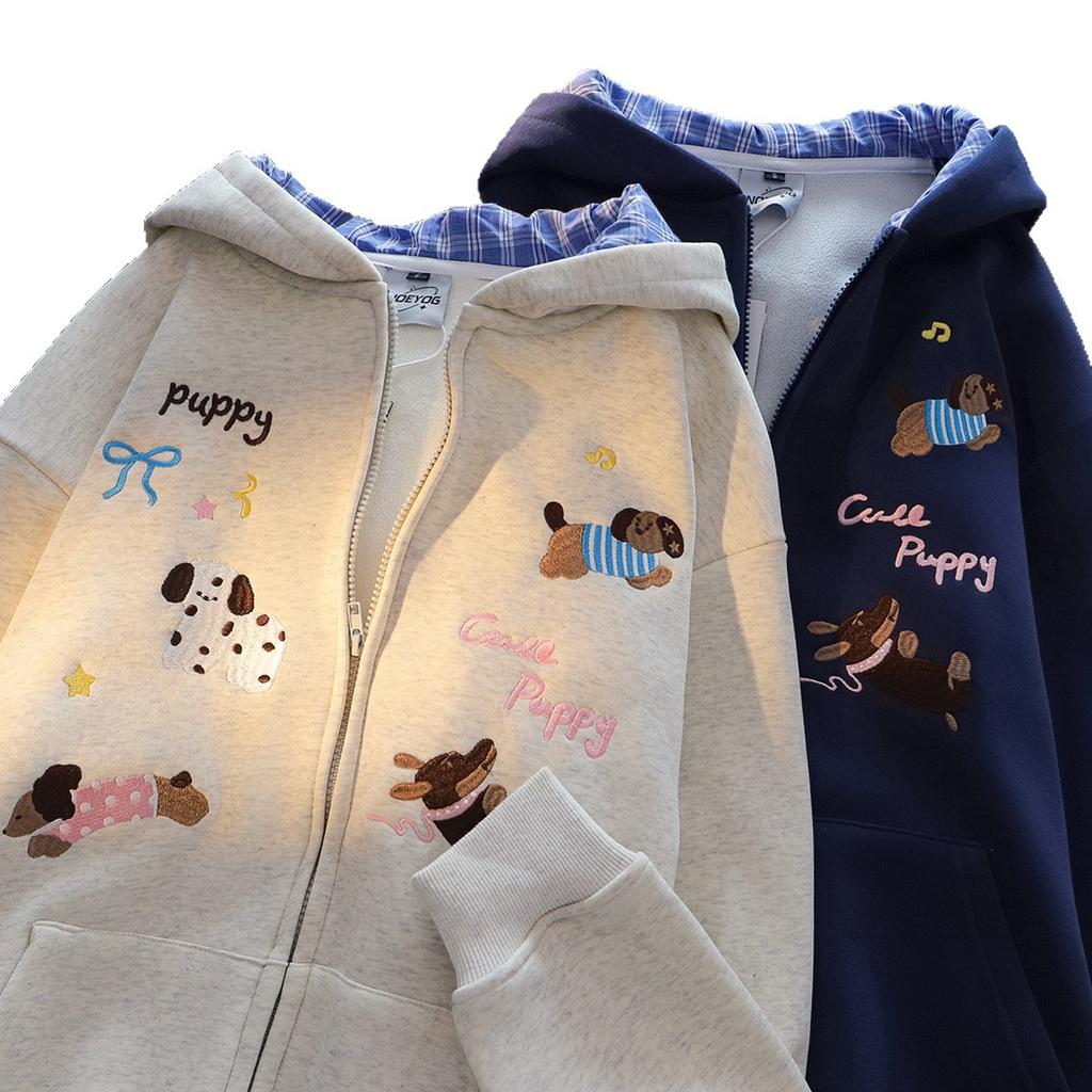 Dog Embroidered Plaid Hooded Sweater Cardigan Women's Spring and Autumn New Korean Lazy Style Chic Coat