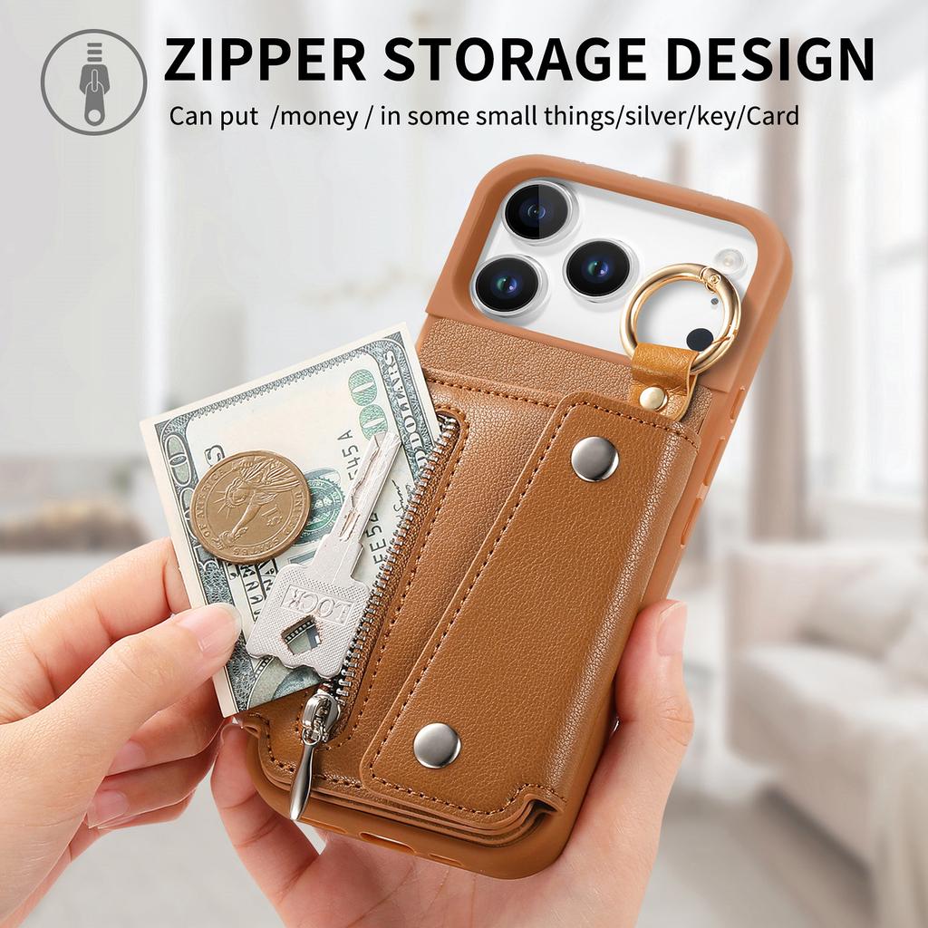 Zipper Cards Solt Leather Wallet Phone Case for IPhone Air 17 Pro Max 16 Plus 15 14 13 12 11 Pro Ring Holder Protective Cover